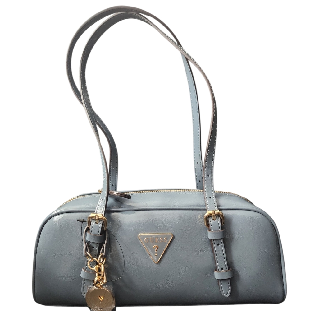New GUESS Dark Denim SholderBag with gold keychain has two pockets inside - Picture 2 of 11